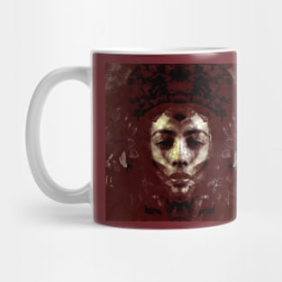 Beautiful girl face, some red liquid. Fantasy, sci-fi. Mug